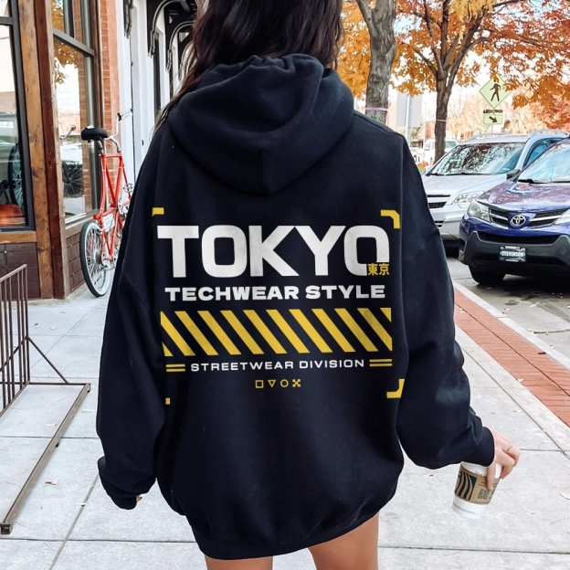 Tokyo Techwear Style Printed Back Cotton Hoodie