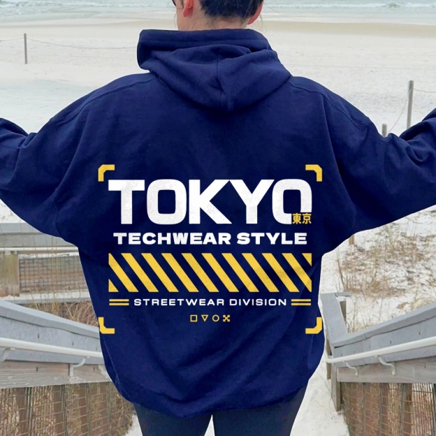 Tokyo Techwear Style Printed Back Cotton Hoodie