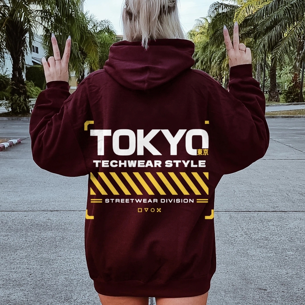 Tokyo Techwear Style Printed Back Cotton Hoodie