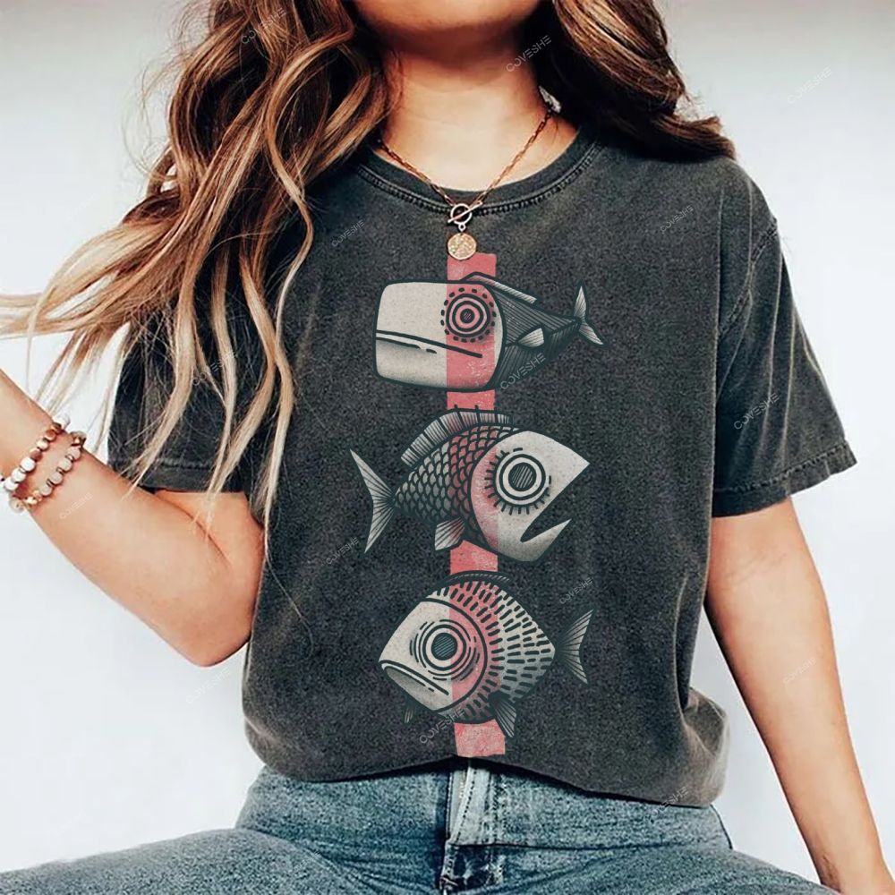 Unisex Vintage Fish Printed Washed Tee