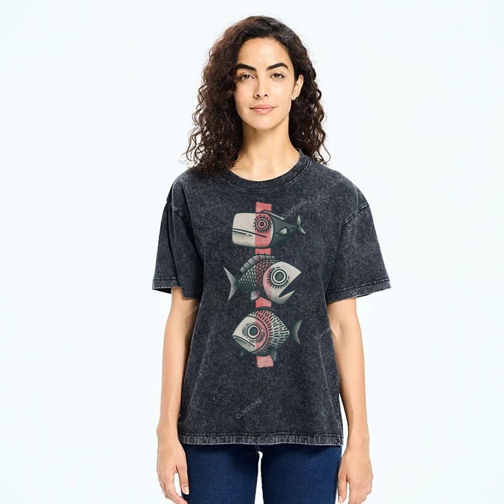 Unisex Vintage Fish Printed Washed Tee