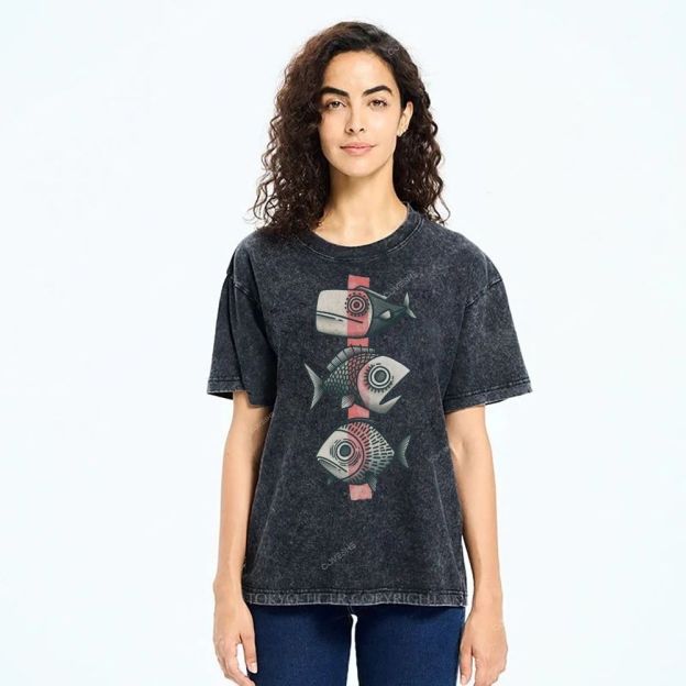 Unisex Vintage Fish Printed Washed Tee