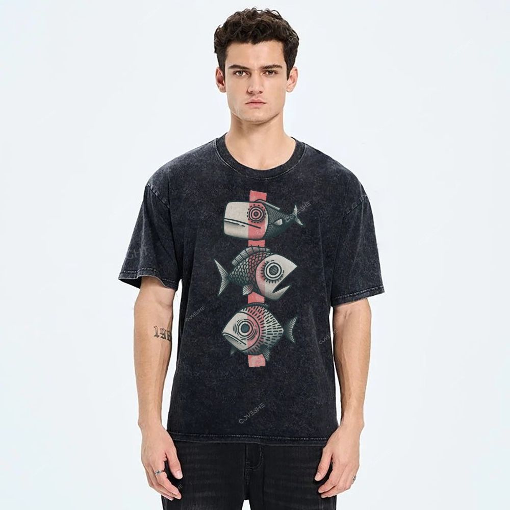 Unisex Vintage Fish Printed Washed Tee