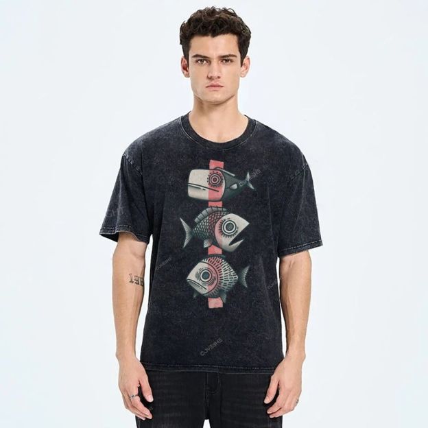 Unisex Vintage Fish Printed Washed Tee