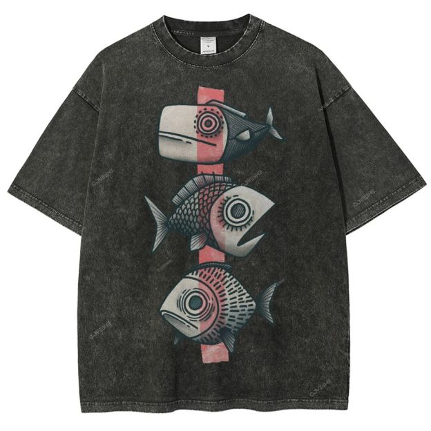 Unisex Vintage Fish Printed Washed Tee