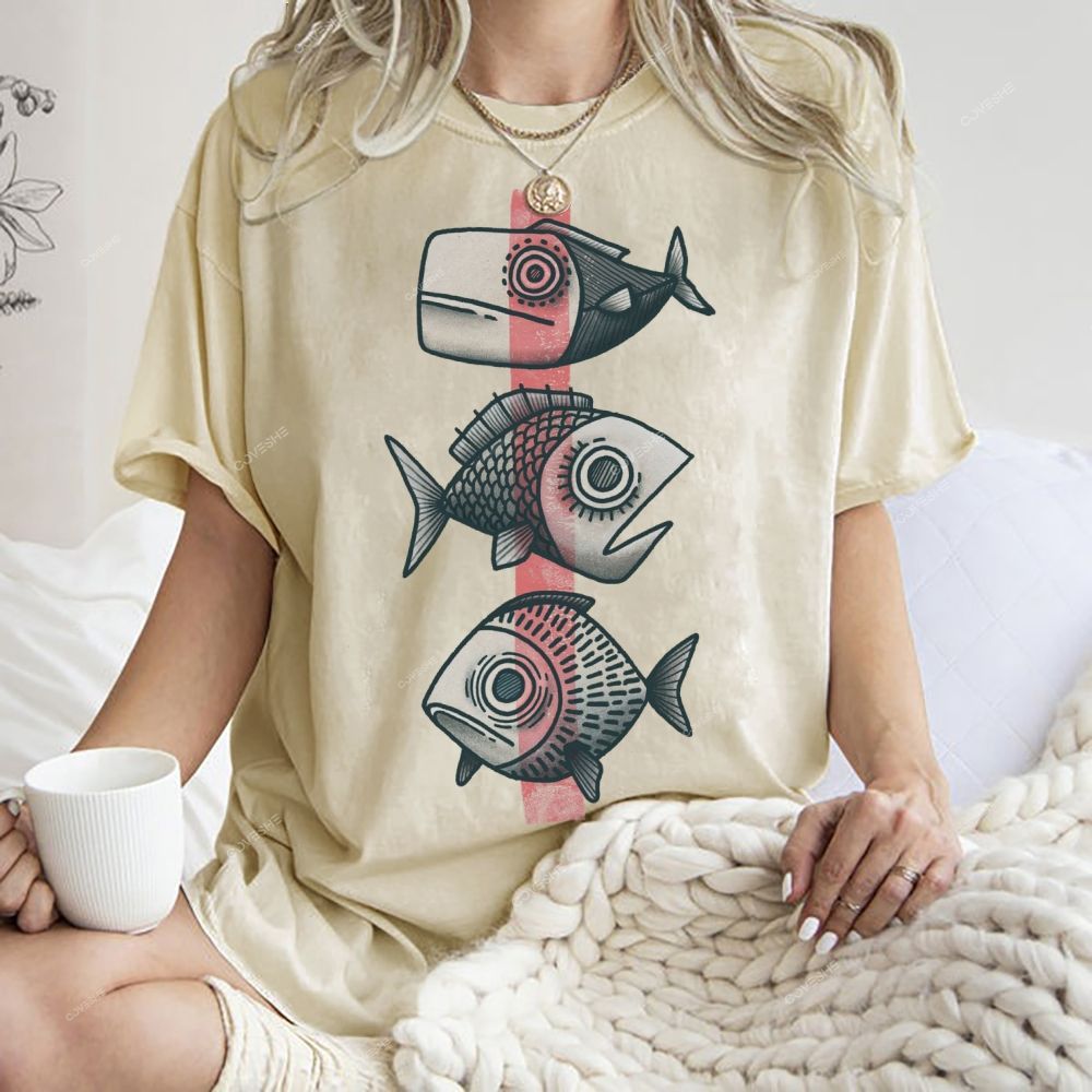 Unisex Vintage Fish Printed Washed Tee