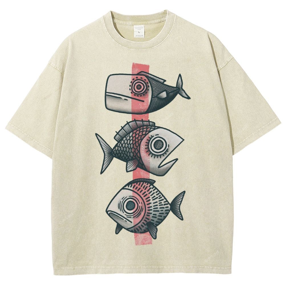Unisex Vintage Fish Printed Washed Tee