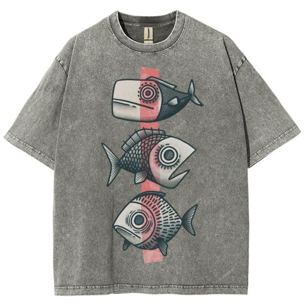Unisex Vintage Fish Printed Washed Tee