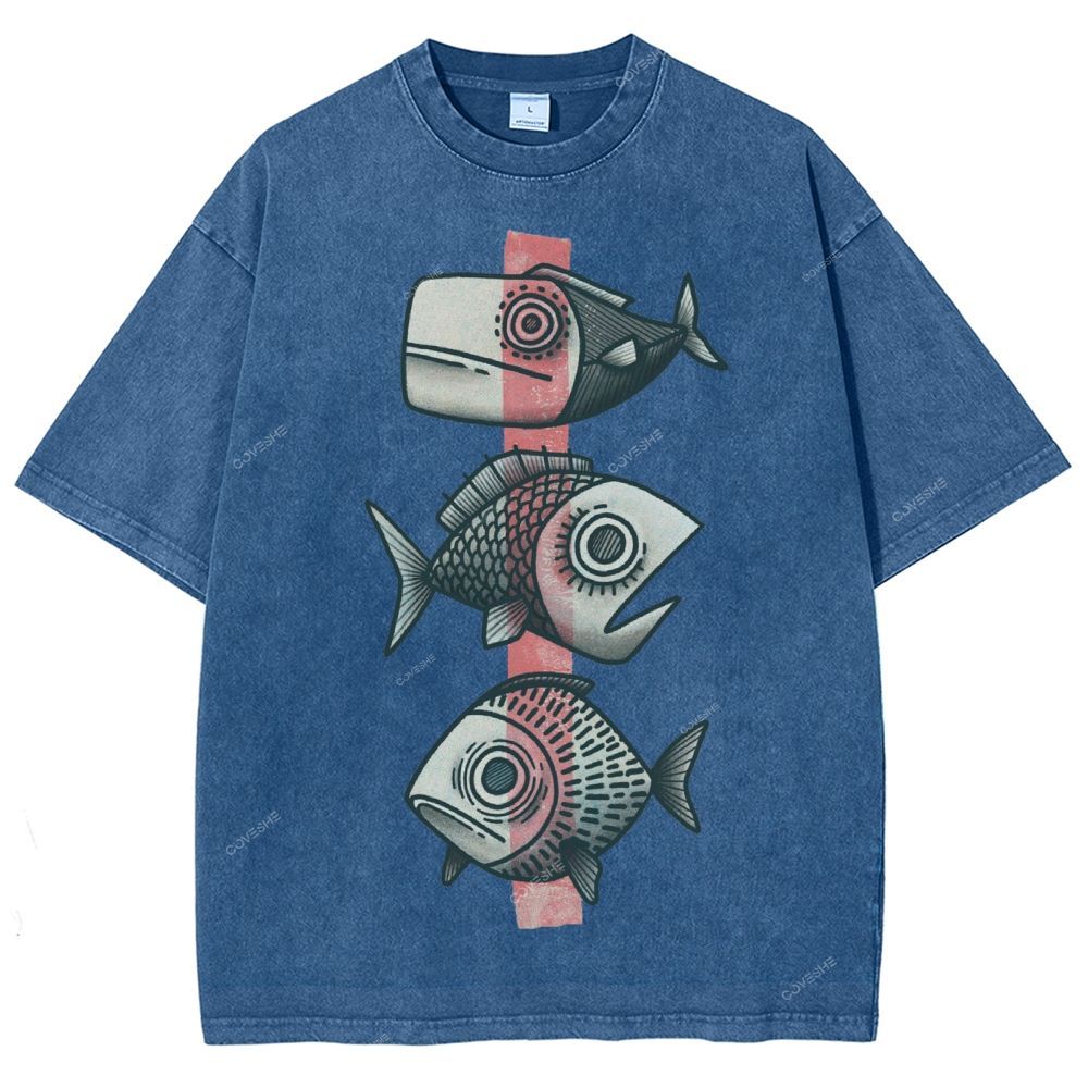 Unisex Vintage Fish Printed Washed Tee