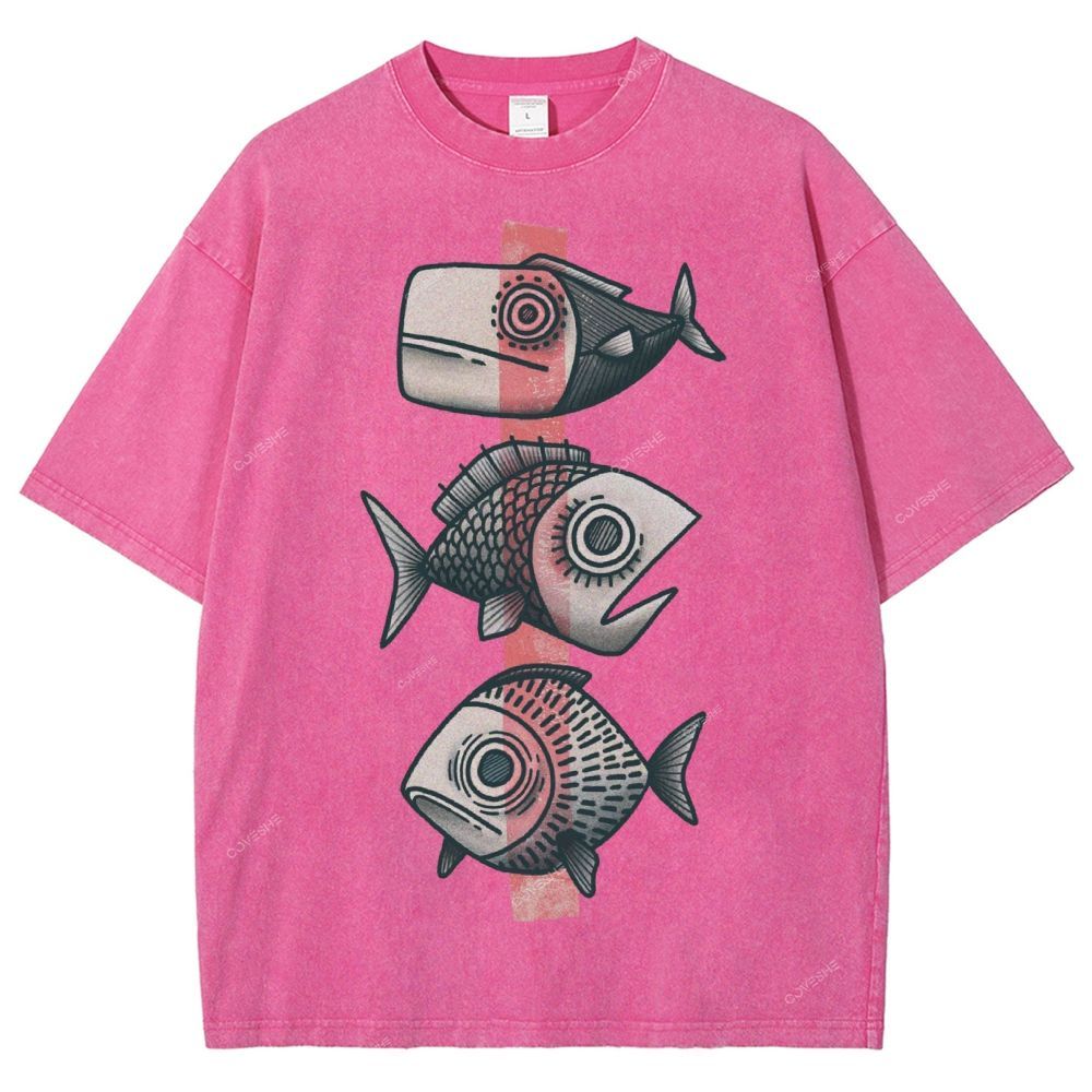Unisex Vintage Fish Printed Washed Tee