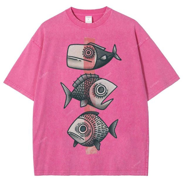 Unisex Vintage Fish Printed Washed Tee
