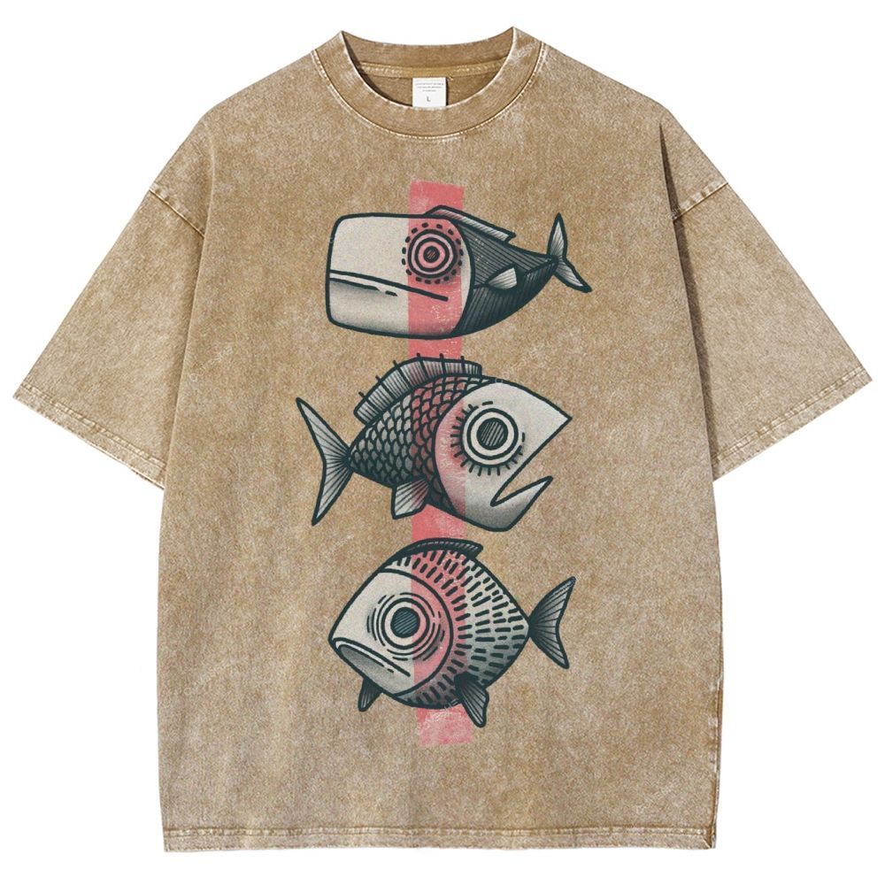 Unisex Vintage Fish Printed Washed Tee