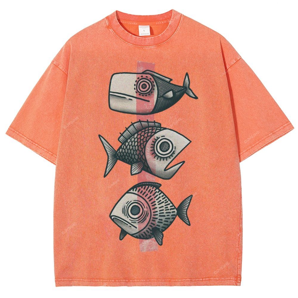 Unisex Vintage Fish Printed Washed Tee