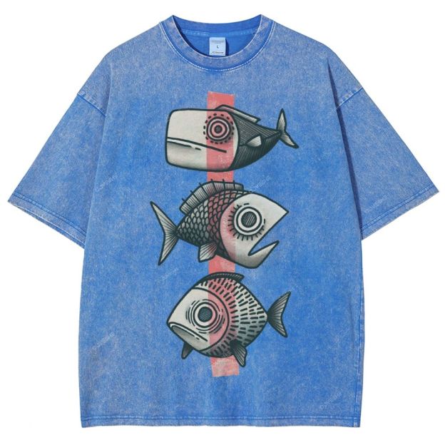 Unisex Vintage Fish Printed Washed Tee