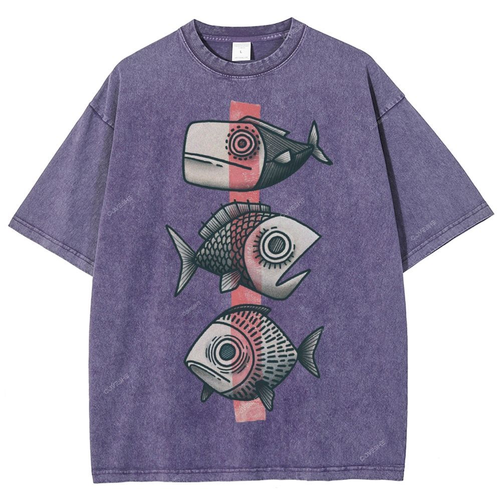 Unisex Vintage Fish Printed Washed Tee