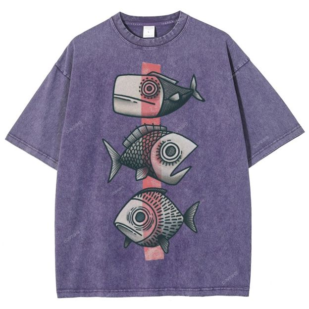 Unisex Vintage Fish Printed Washed Tee