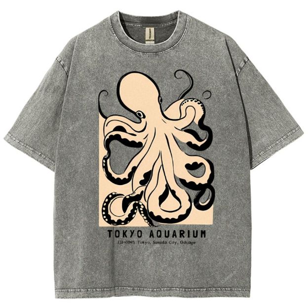 Unisex Octopus Printed Washed Tee