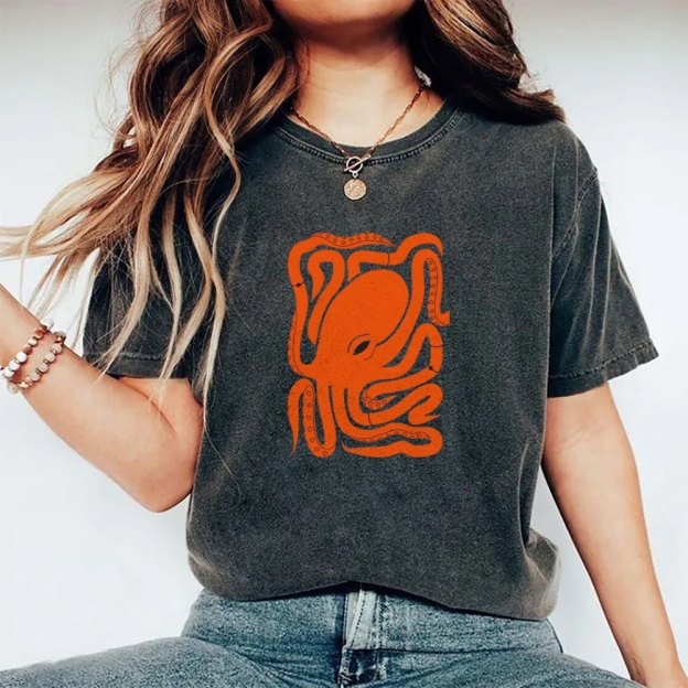 Unisex octopus Printed Washed T-shirt