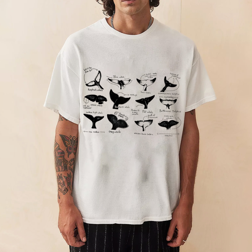 Sharks Tail Printing Vintage Cotton T-Shirt