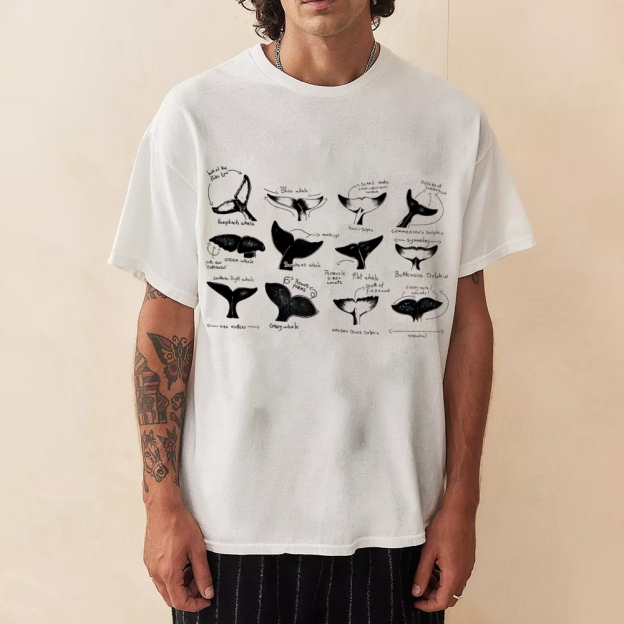 Sharks Tail Printing Vintage Cotton T-Shirt