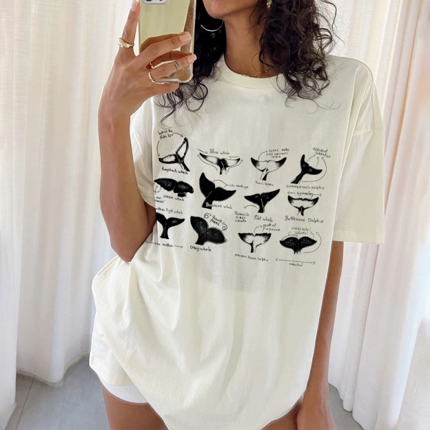 Sharks Tail Printing Vintage Cotton T-Shirt
