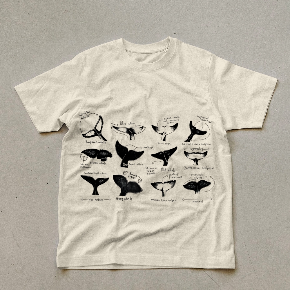 Sharks Tail Printing Vintage Cotton T-Shirt