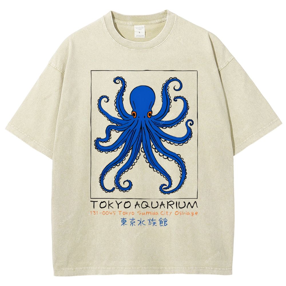 Unisex Tokyo Aquarium Octopus Printed Washed Tee
