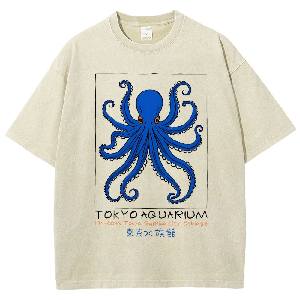 Unisex Tokyo Aquarium Octopus Printed Washed Tee