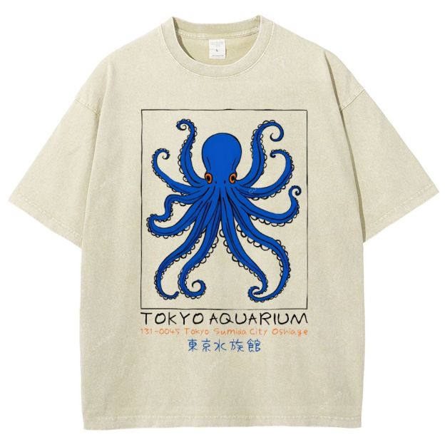 Unisex Tokyo Aquarium Octopus Printed Washed Tee