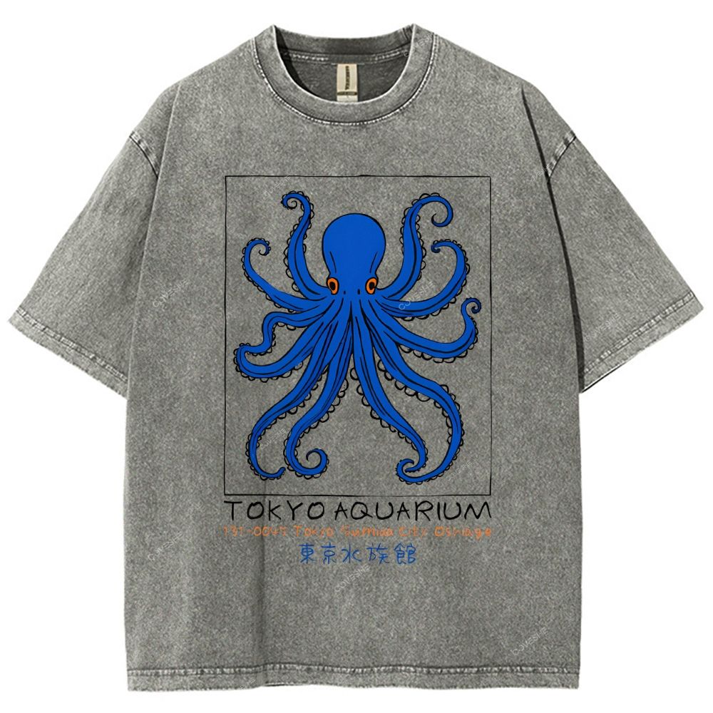 Unisex Tokyo Aquarium Octopus Printed Washed Tee