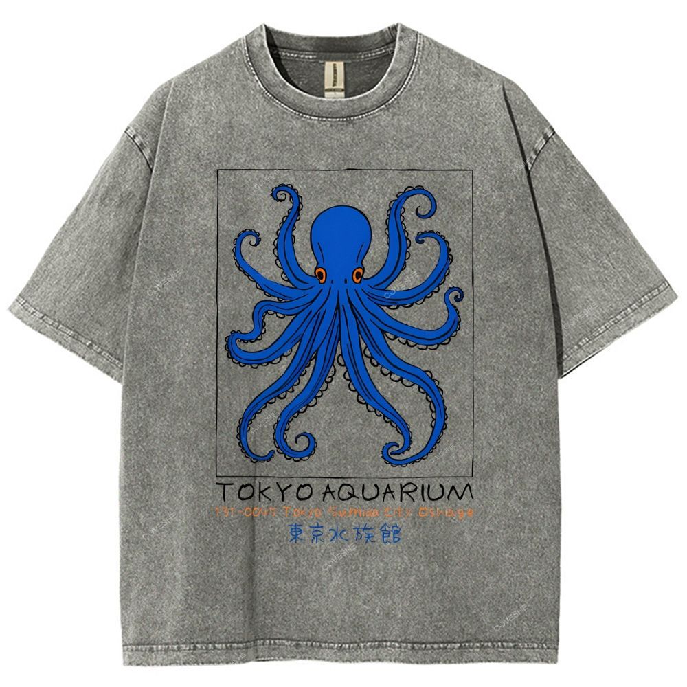 Unisex Tokyo Aquarium Octopus Printed Washed Tee