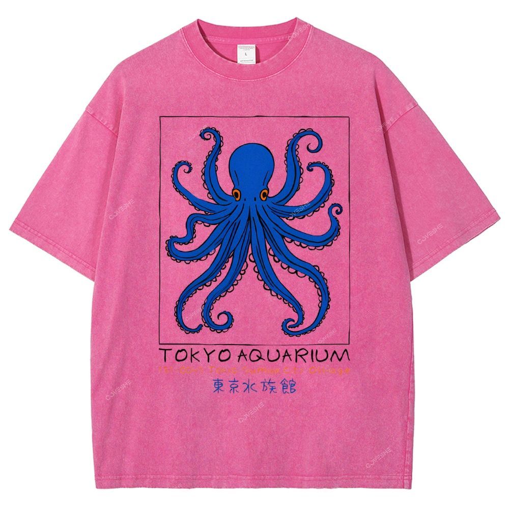 Unisex Tokyo Aquarium Octopus Printed Washed Tee