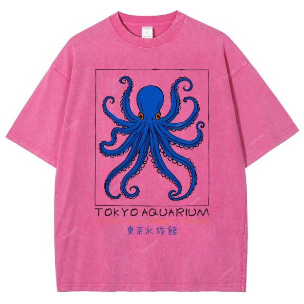 Unisex Tokyo Aquarium Octopus Printed Washed Tee