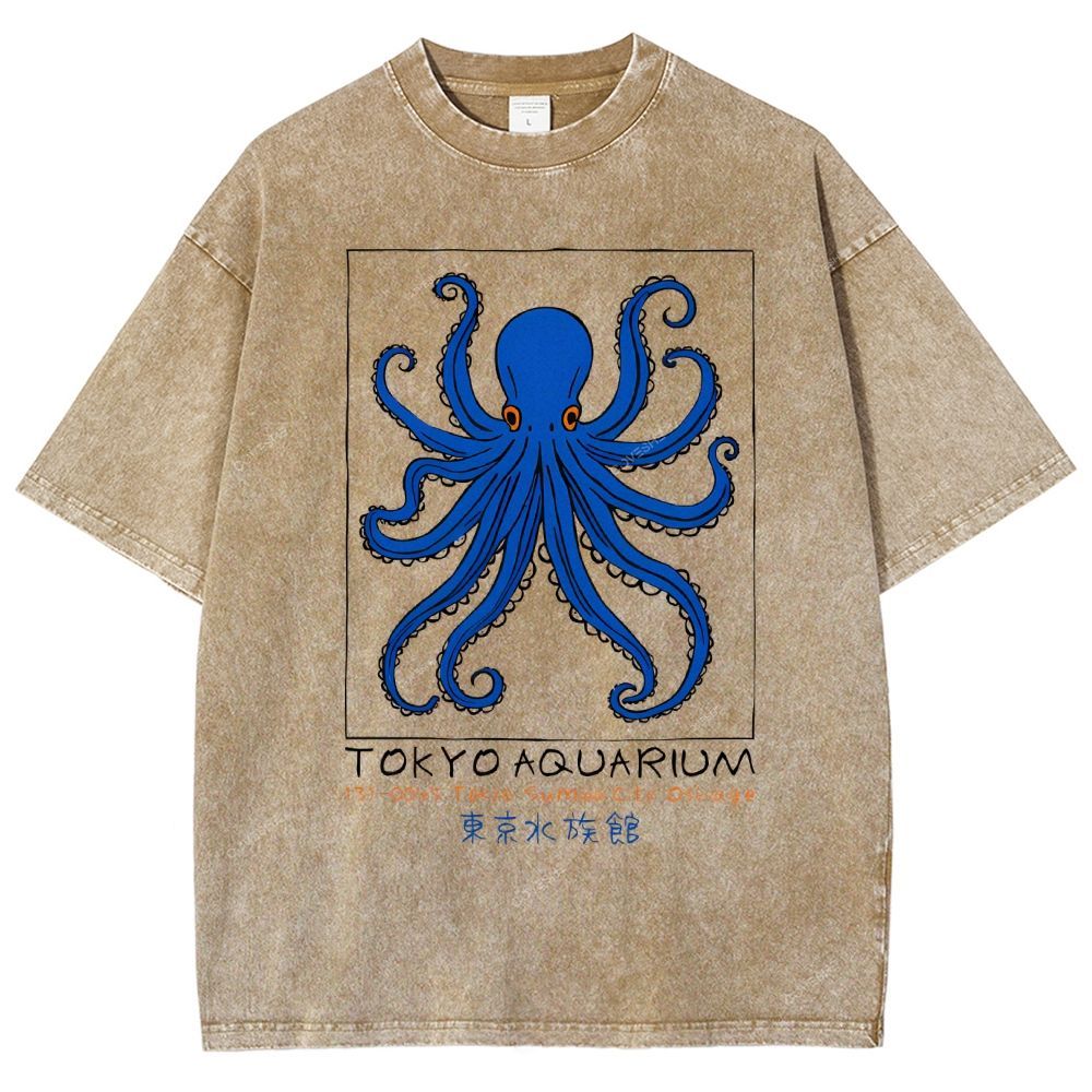 Unisex Tokyo Aquarium Octopus Printed Washed Tee