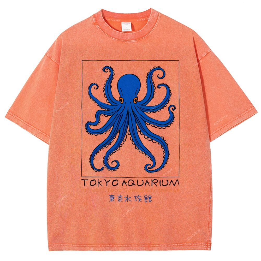 Unisex Tokyo Aquarium Octopus Printed Washed Tee