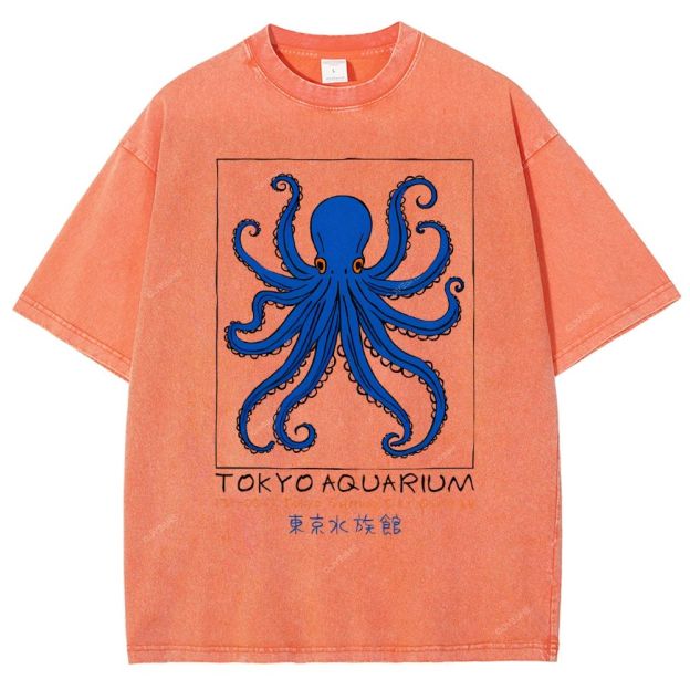 Unisex Tokyo Aquarium Octopus Printed Washed Tee