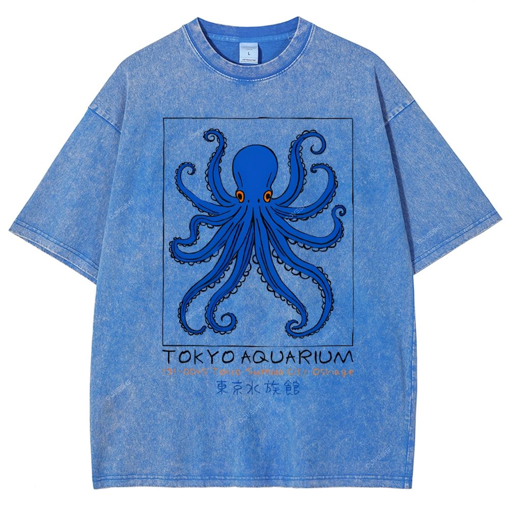 Unisex Tokyo Aquarium Octopus Printed Washed Tee
