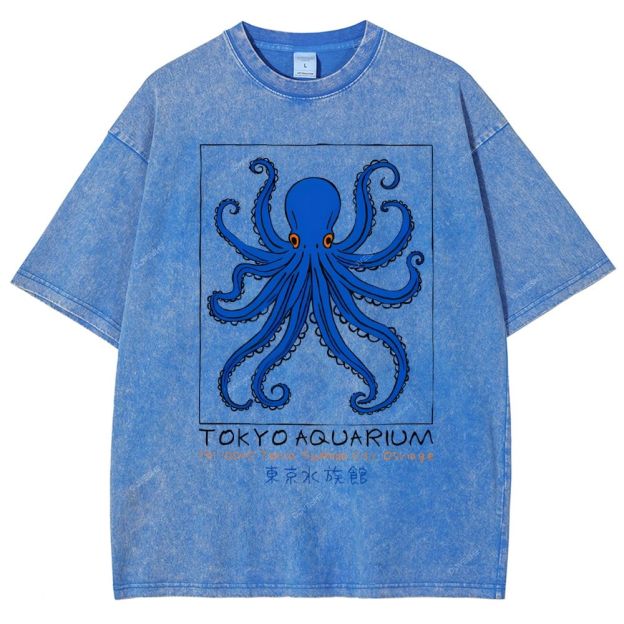 Unisex Tokyo Aquarium Octopus Printed Washed Tee