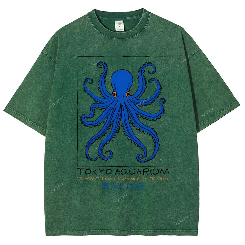 Unisex Tokyo Aquarium Octopus Printed Washed Tee