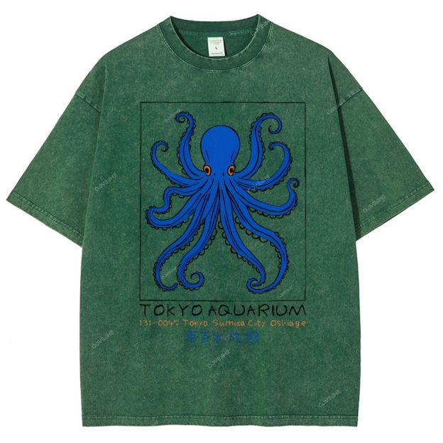 Unisex Tokyo Aquarium Octopus Printed Washed Tee