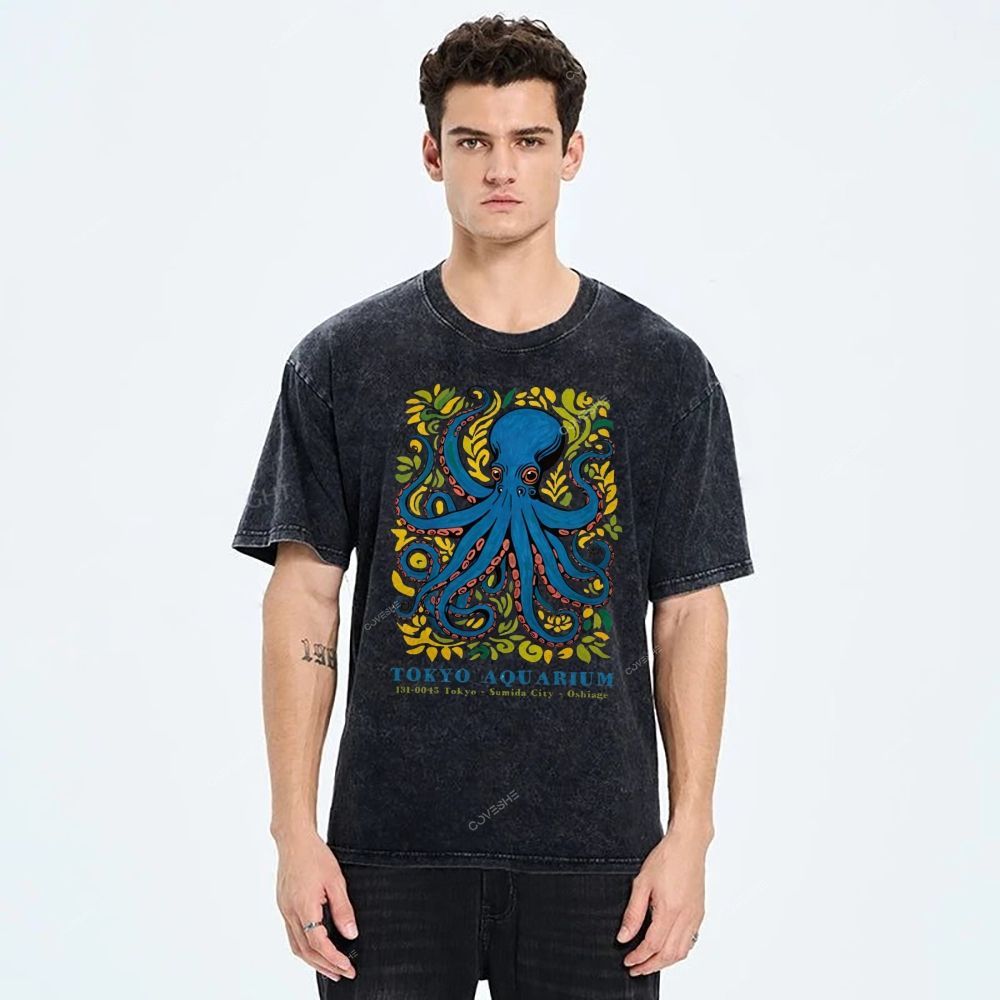 Unisex Tokyo Aquarium Octopus Printed Washed Tee