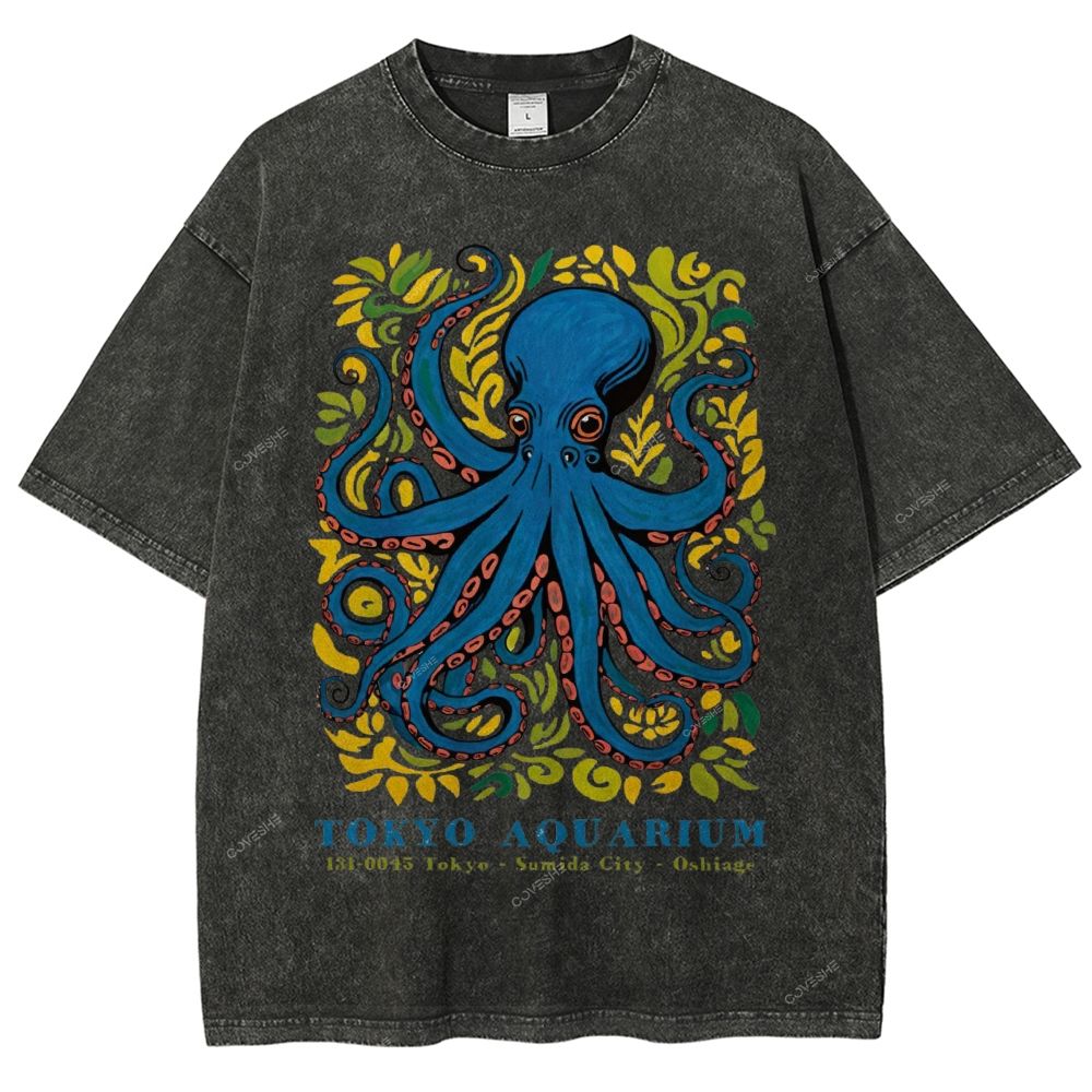Unisex Tokyo Aquarium Octopus Printed Washed Tee