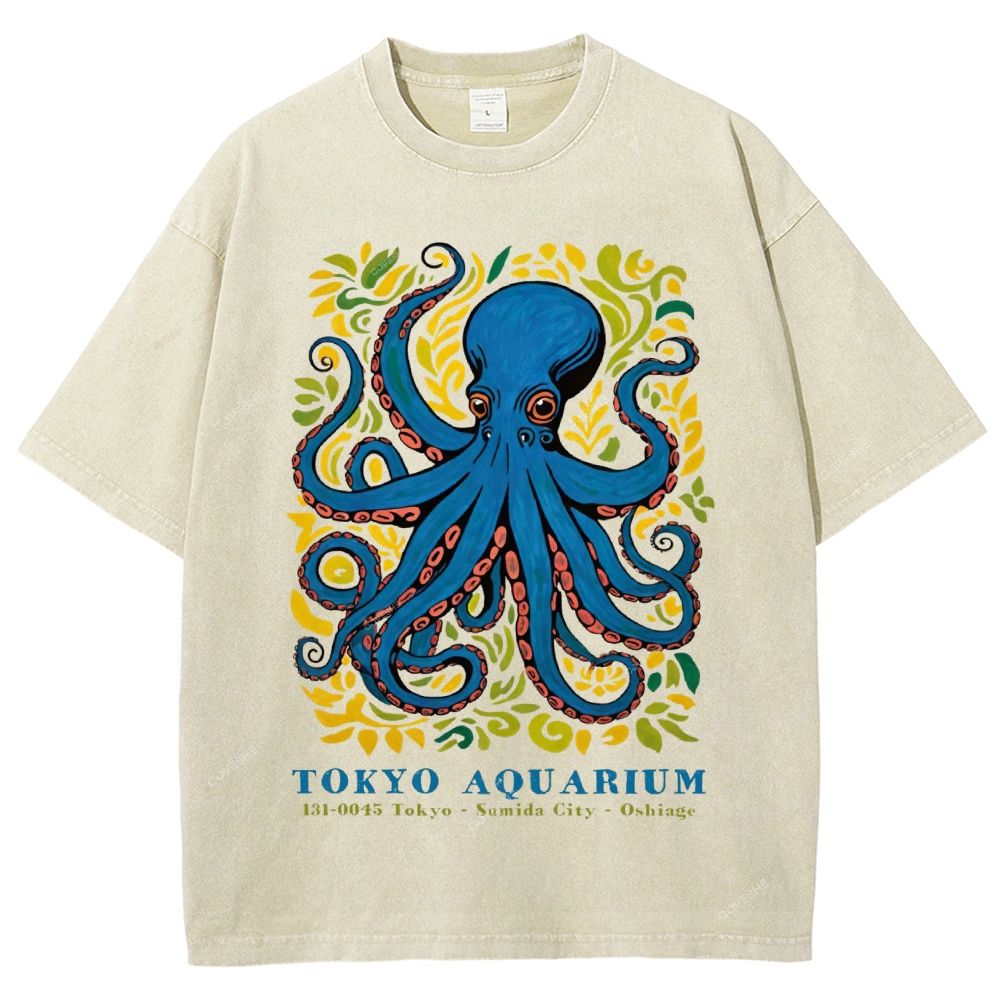Unisex Tokyo Aquarium Octopus Printed Washed Tee