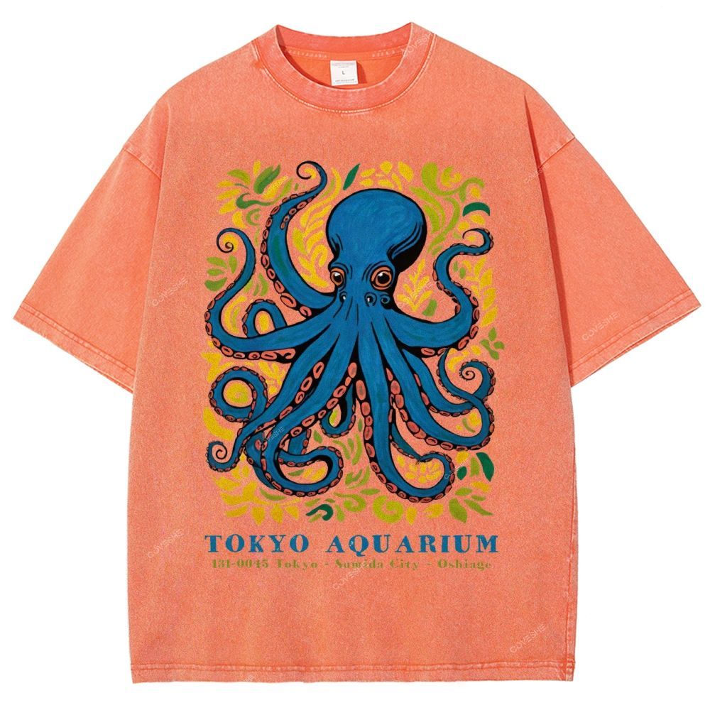 Unisex Tokyo Aquarium Octopus Printed Washed Tee