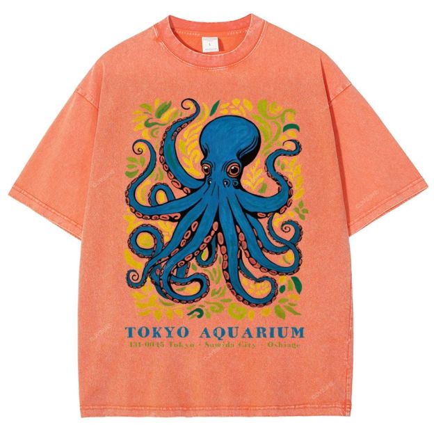 Unisex Tokyo Aquarium Octopus Printed Washed Tee