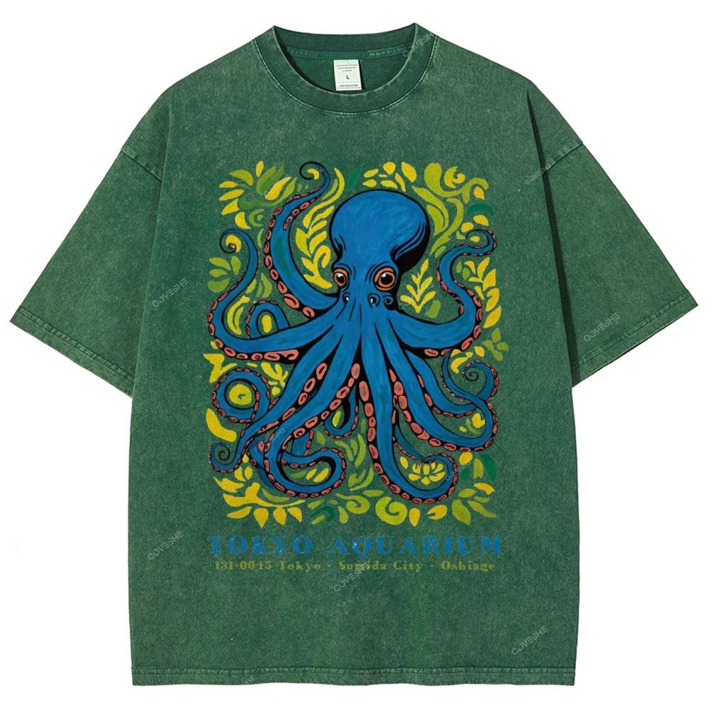 Unisex Tokyo Aquarium Octopus Printed Washed Tee