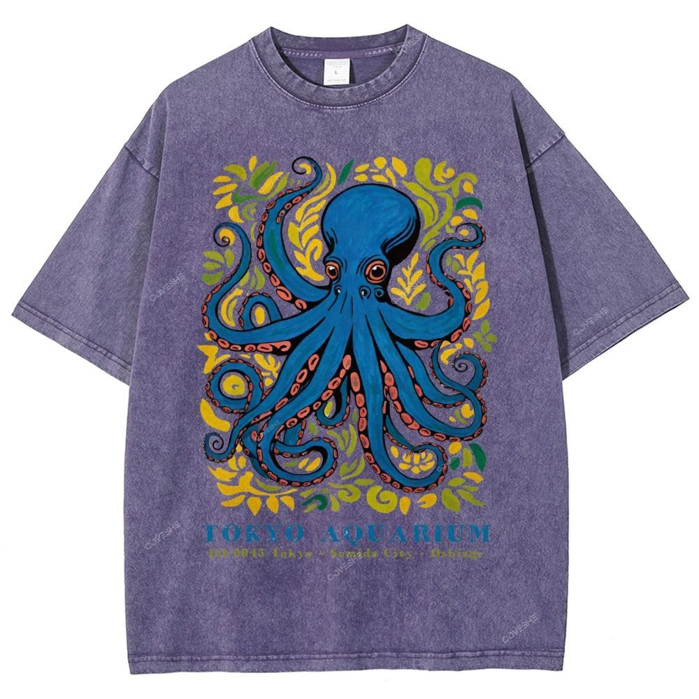 Unisex Tokyo Aquarium Octopus Printed Washed Tee