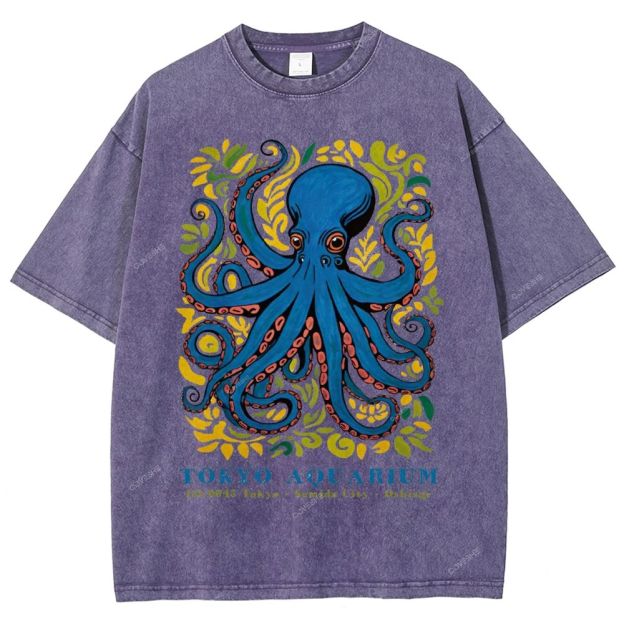 Unisex Tokyo Aquarium Octopus Printed Washed Tee
