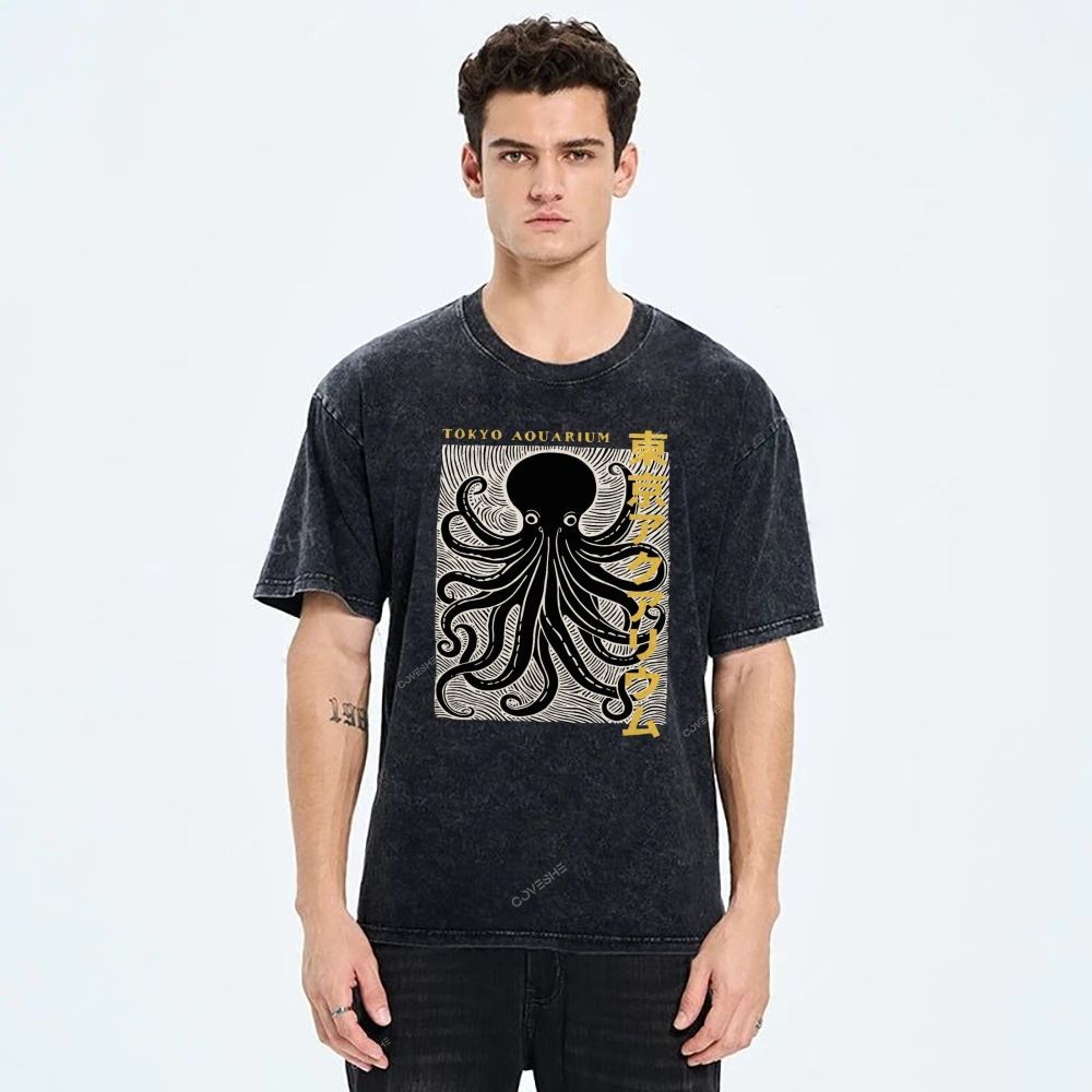 Unisex Tokyo Aouarium Printed Washed Tee