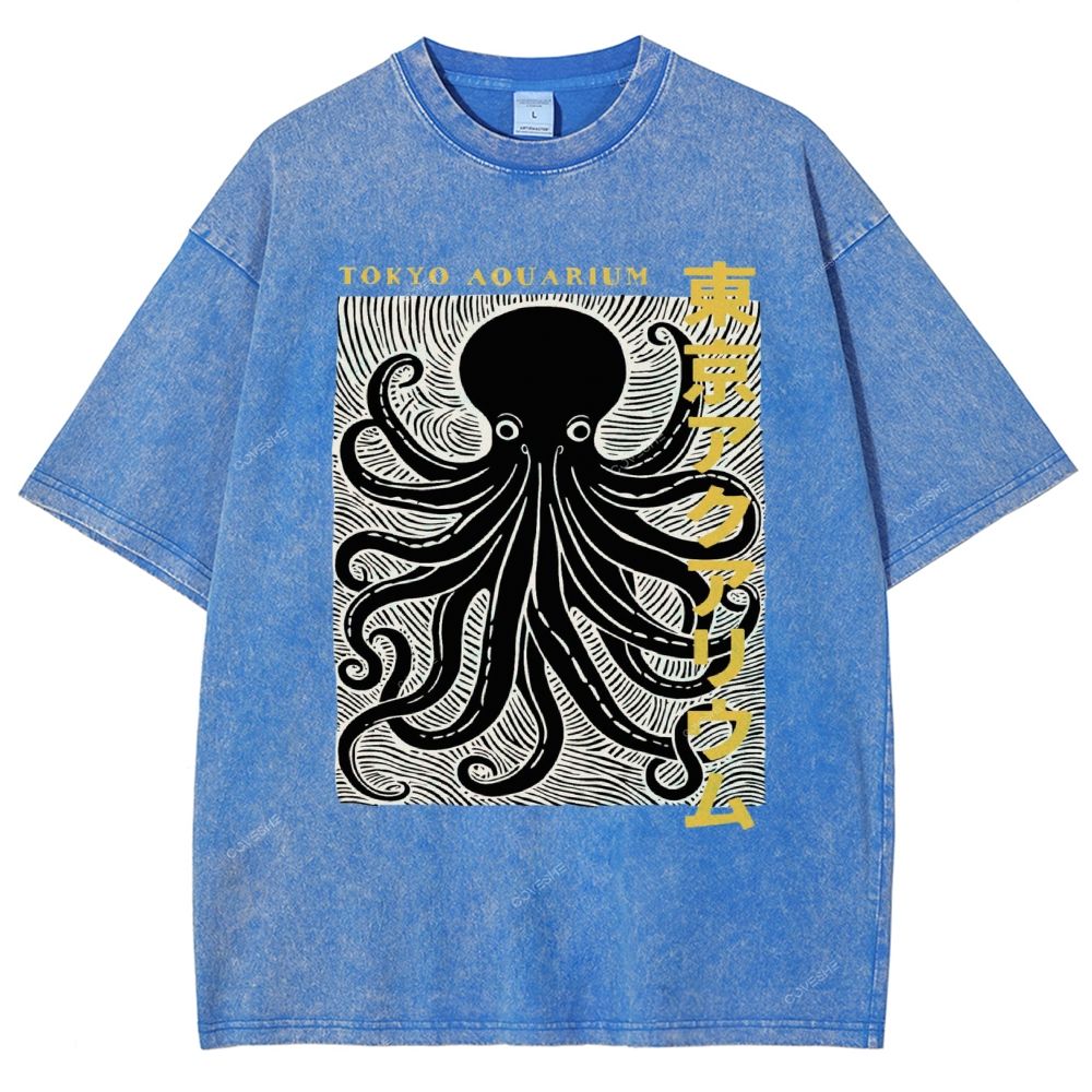 Unisex Tokyo Aouarium Printed Washed Tee